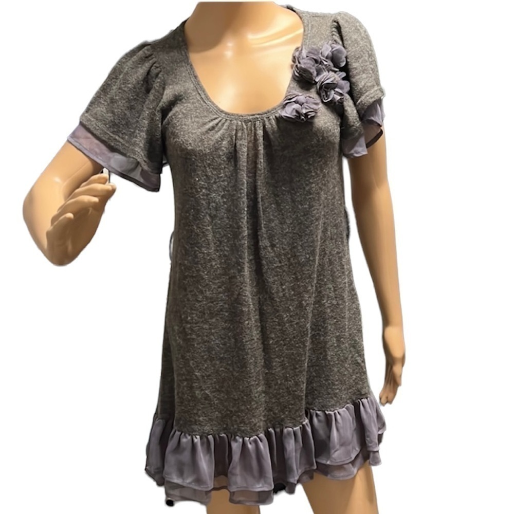 Blue Bird Grey Grunge Whimsy Goth Fairy Ruffle Soft Girl Mini Knit‎ Dress S